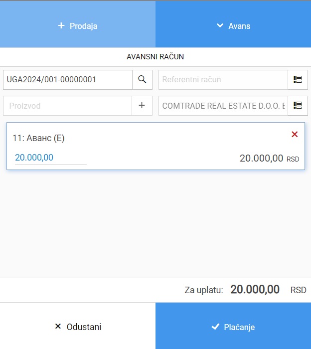 Bizzi Click POS-Program sam popunjava tip avansne stavke po porezu, obaveznu napomenu koja se ispisuje na računu, kontroliše iznose na osnovu ugovora, vi samo upisujete iznos uplate.