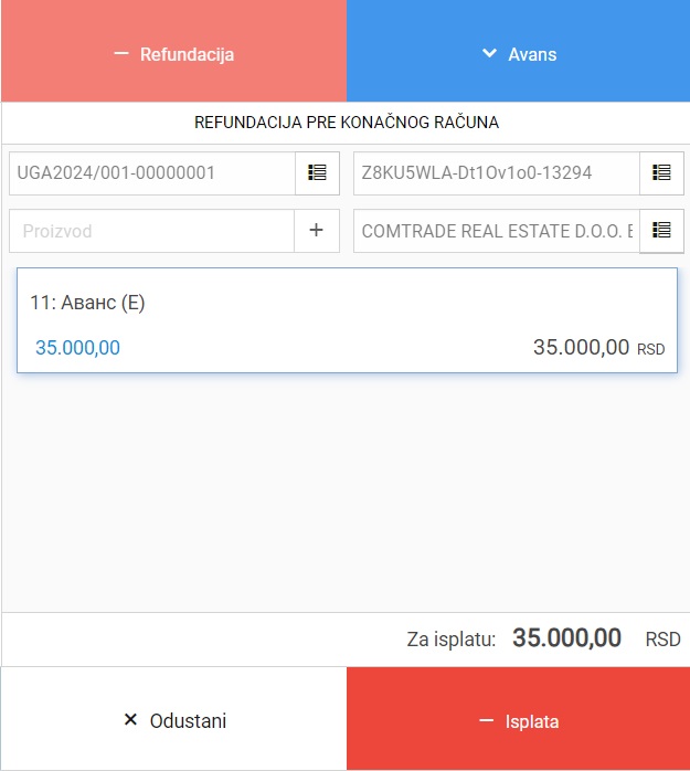 Bizzi Web POS-​U trenutku izdavanja konačnog računa, obavezno je pre toga poništiti sve uplaćene avanse jednom refundacijom.