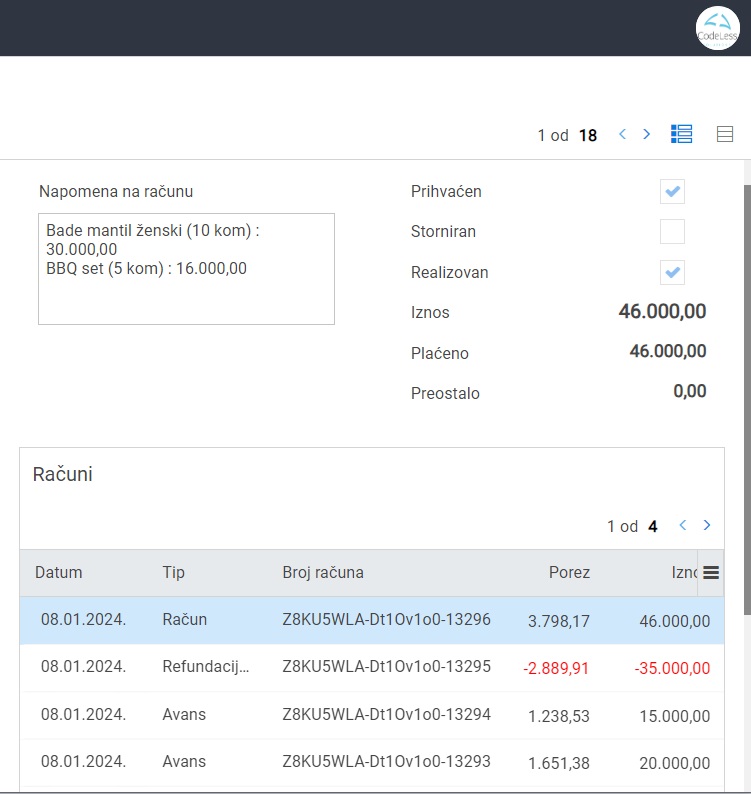 Bizzi Web POS-​U bilo kom trenutku, tokom trajanja ili nakon&nbsp;realizovanja ugovora imaćete jasan pregled&nbsp;kada je uplaćen koji avans, kada ste izvršili&nbsp;poništavanje avansnih uplata i izdali konačni&nbsp;račun.